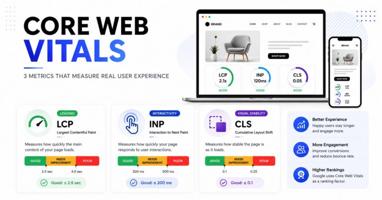 Core Web Vitals explained — LCP, INP and CLS, the three metrics Google uses to measure real user experience, with good, needs-improvement and poor thresholds