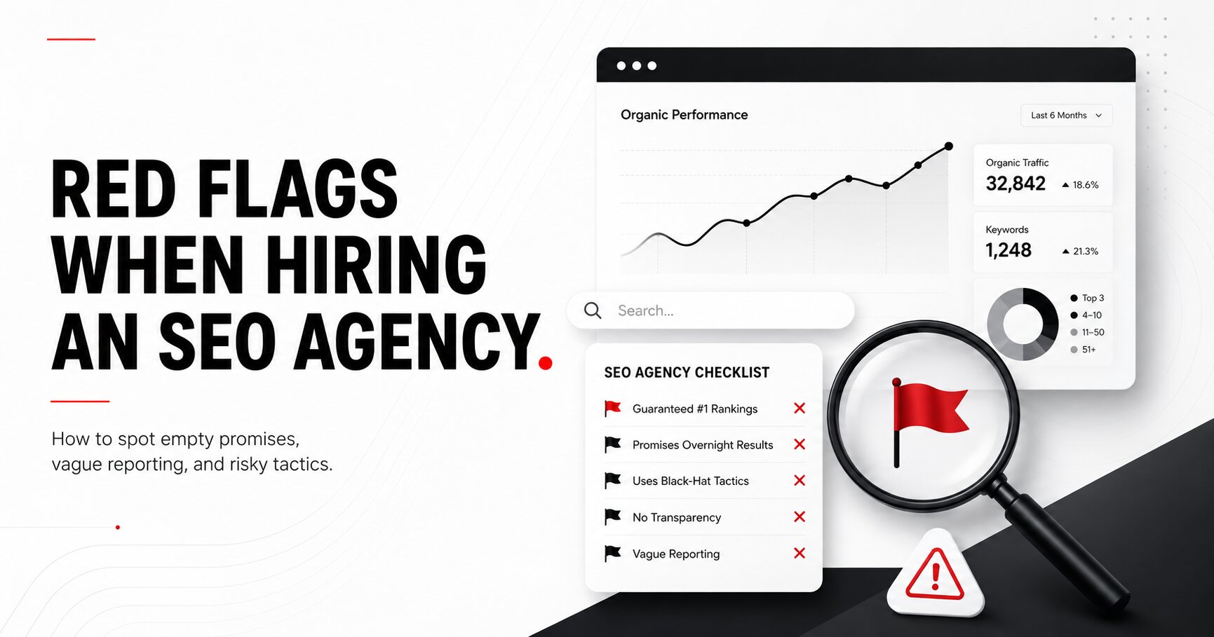 Red flags when hiring an SEO agency — a checklist of warning signs including guaranteed #1 rankings, promises of overnight results, black-hat tactics, no transparency and vague reporting
